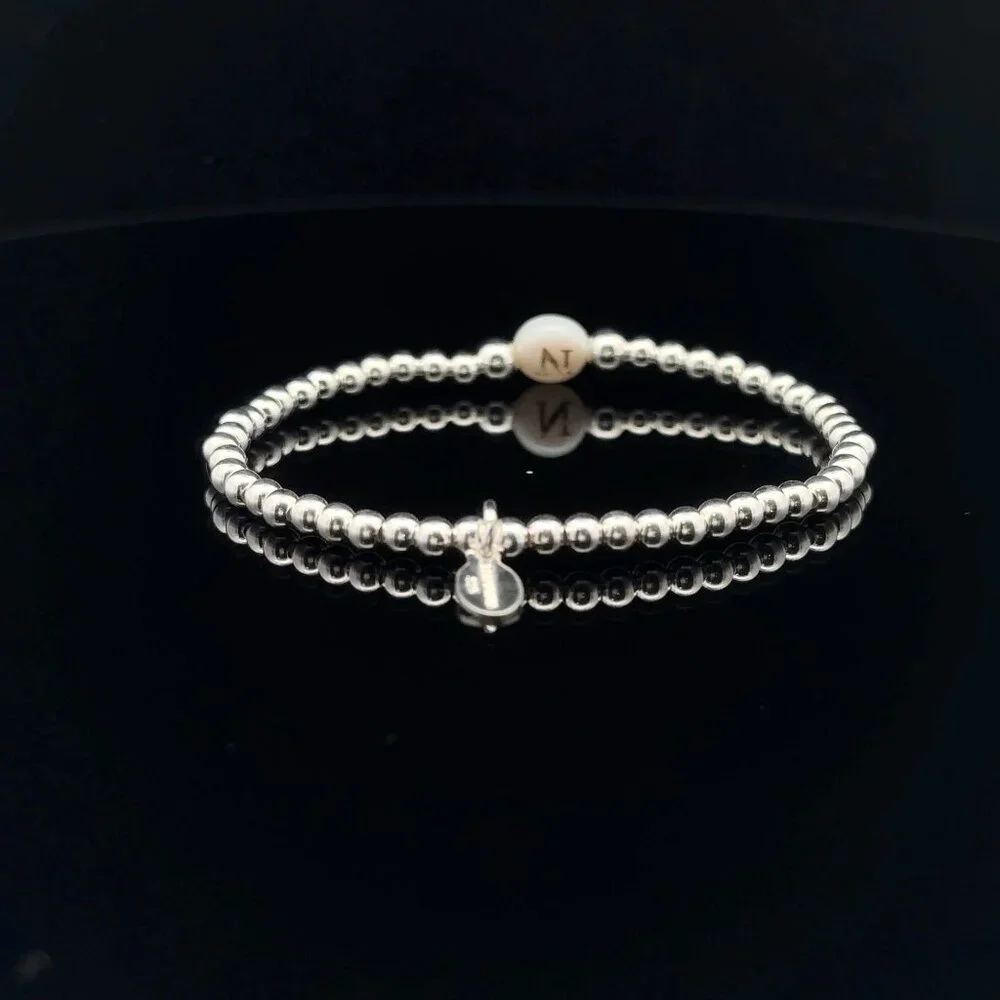 925 Sterling Silver Beaded Stretch Stacking Bracelet MOP Letter Initial N - Picture 5 of 6